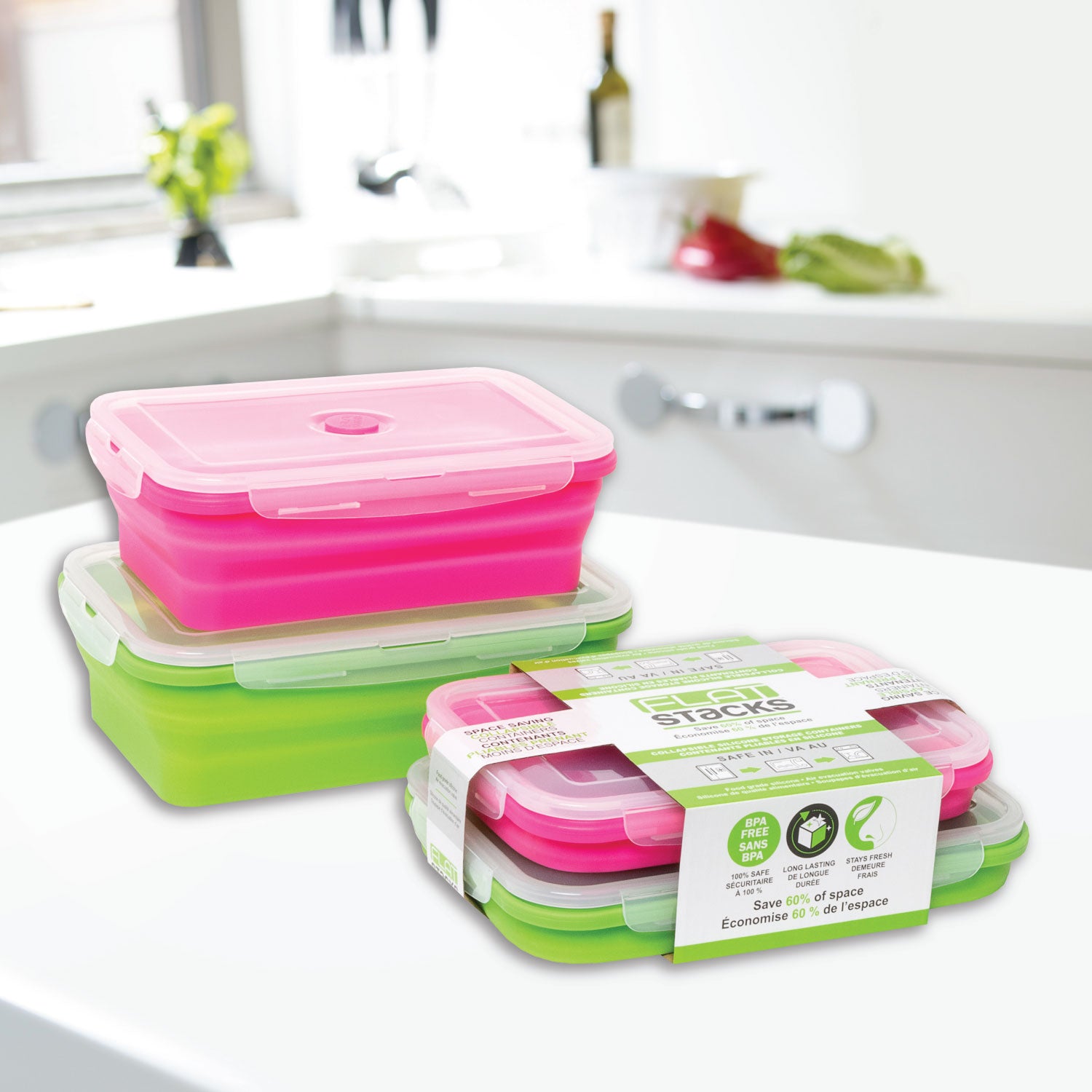 These Flat Stacks Collapsible Silicone Storage Containers are